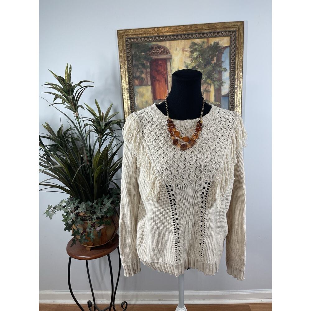Max Edition Women’s Sweater Medium Cream Fringe Knit Boho Long Sleeve Top Grunge